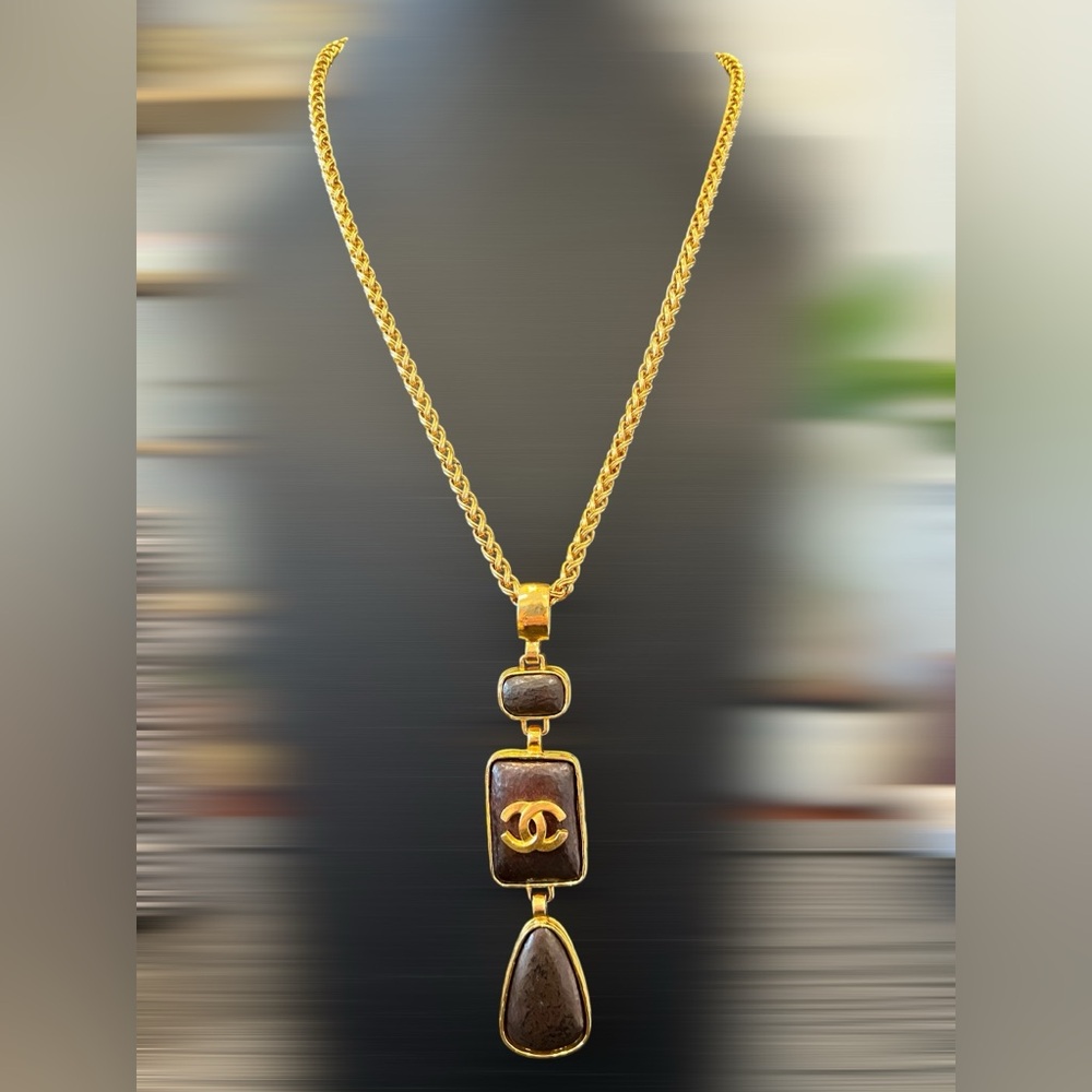 CHANEL 24 Gold Plated Necklace with Brown Stone Accents - Picture 9 of 13